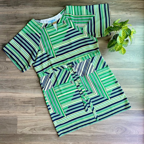 Antonio Melani Jenna Dress Spring Green Navy Geometric Stripe Cinched Size 12 - Picture 13 of 13